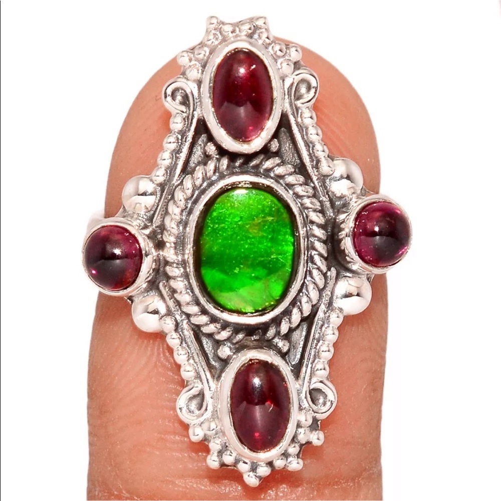 Genuine Ammolite and Garnet silver ring 6.5